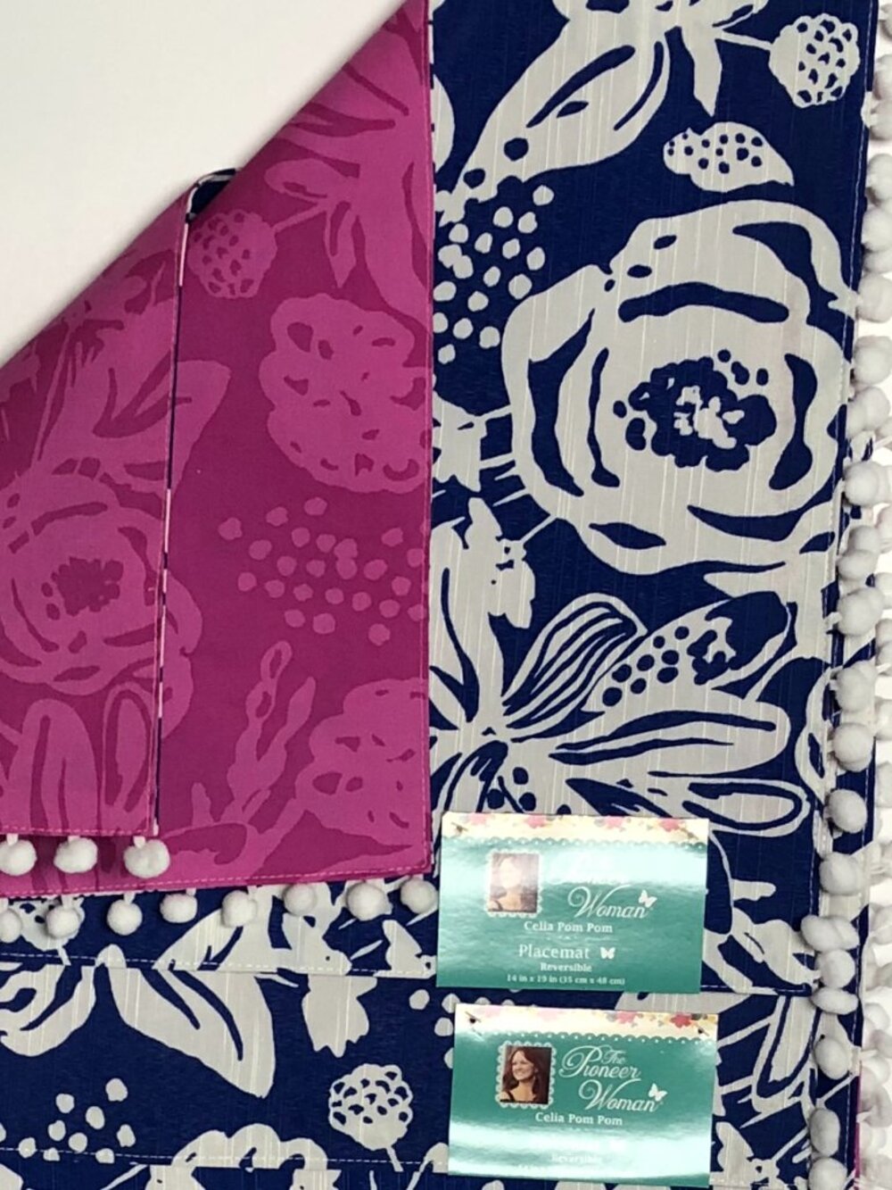 2 Pioneer Woman Placemats Celia Pom Pom 14x19 Reversible Cobalt Blue Pink Floral